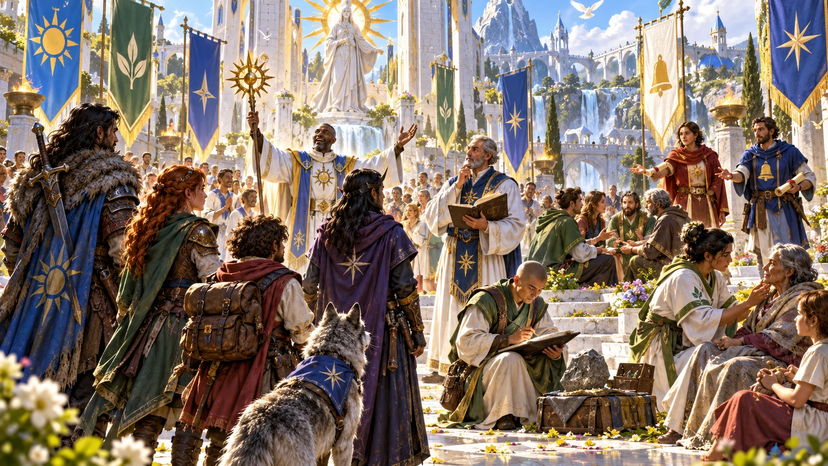 Illustrated adventurers hear two religious voices in a fictional temple while believers gather, write and care for others.