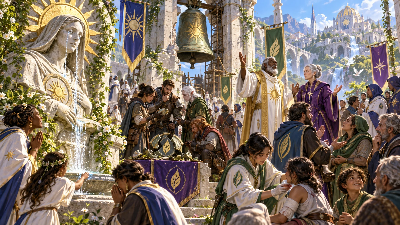 Illustrated fantasy temple with two religious speakers, adventurers, believers and people being tended near a relic.
